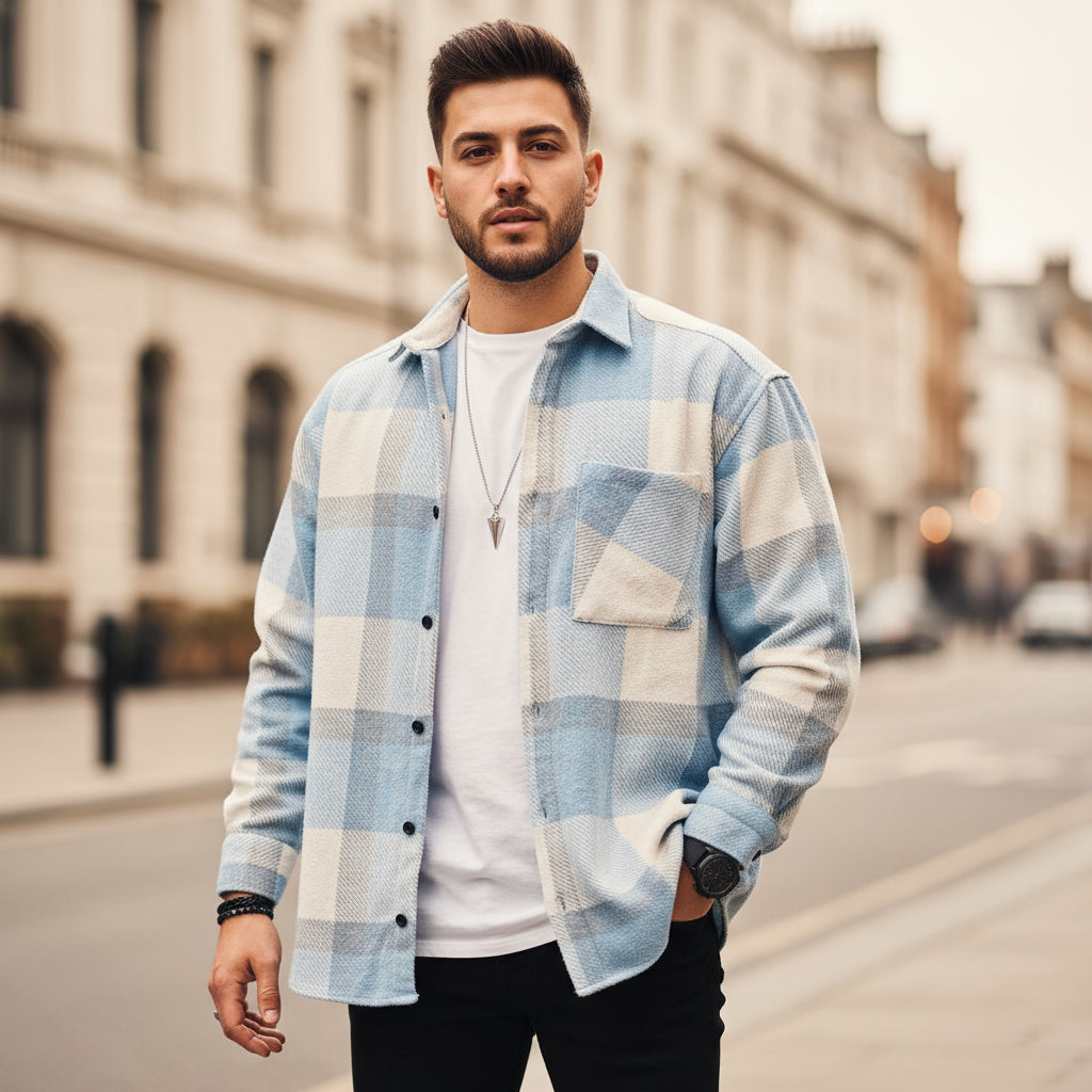 Sena – Men’s Overshirt | Textured Cotton Blend, Relaxed Fit, Check Pattern 1