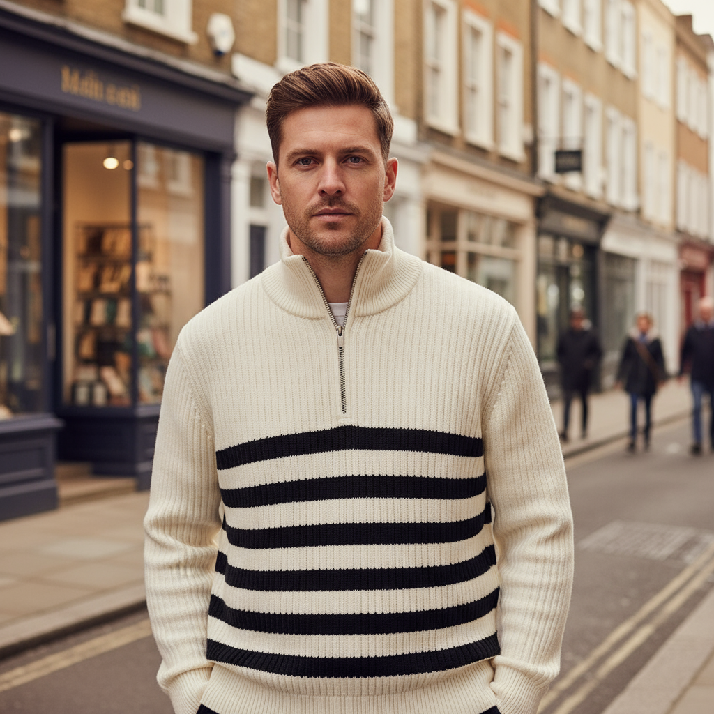Sena – Men’s Sweater | Rib Knit, Half Zip, Nautical Style 1