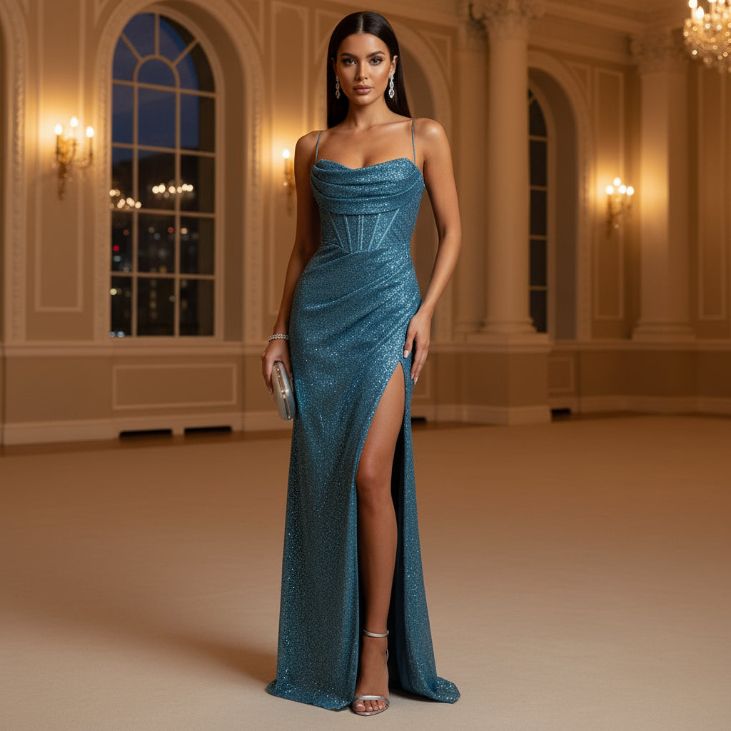 Sena – Women’s Maxi Dress | Sequined Corset, High Slit 4