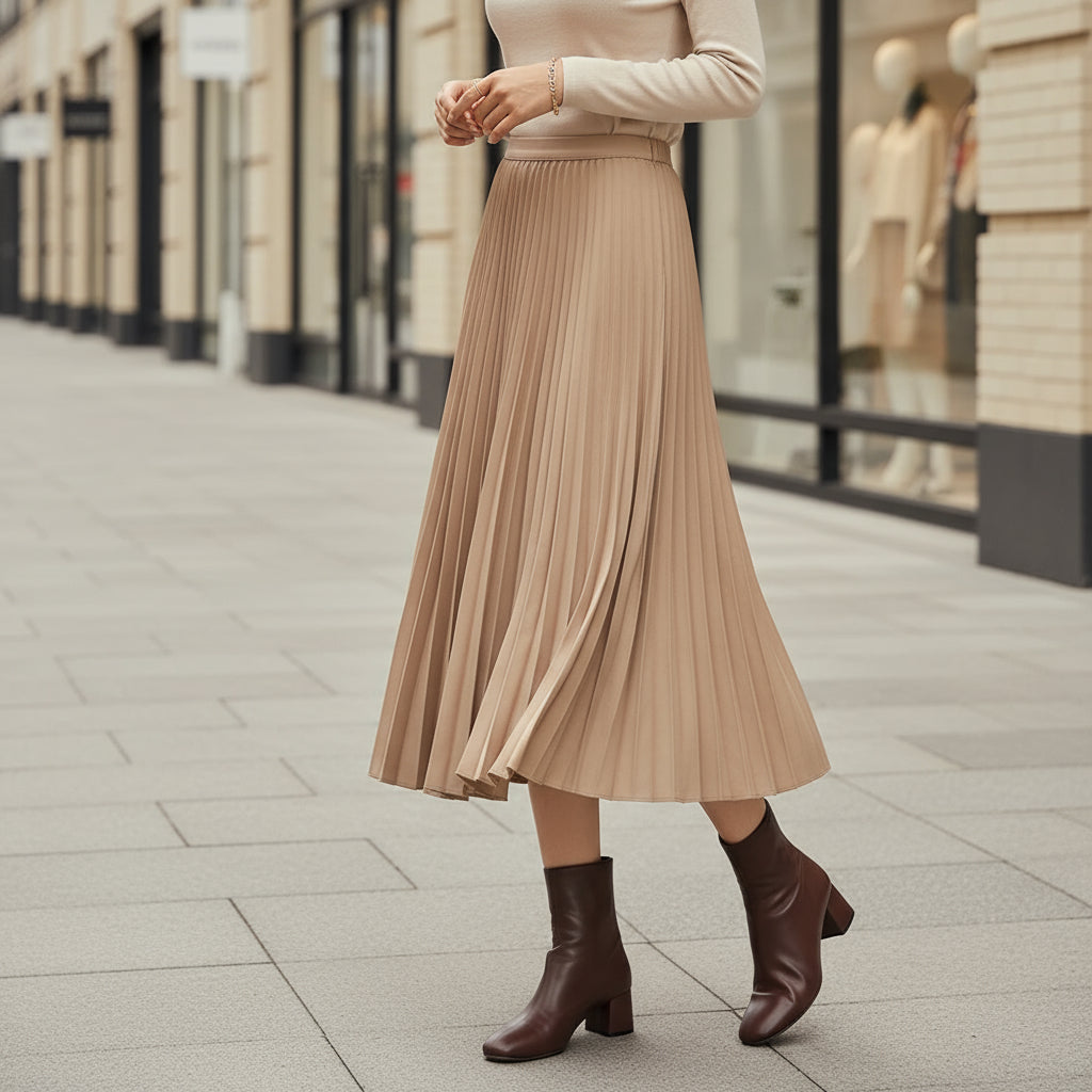 Sena – Women’s Midi Skirt | Pleated A-Line, Elastic Waist for Comfort 1