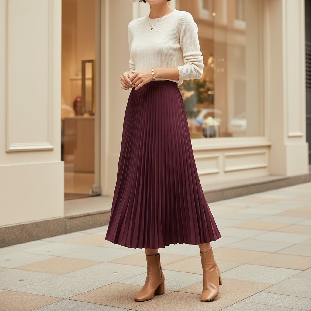 Sena – Women’s Midi Skirt | Pleated A-Line, Elastic Waist for Comfort 9