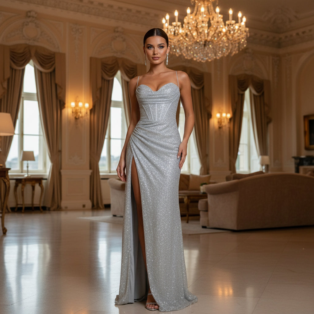 Sena – Women’s Maxi Dress | Sequined Corset, High Slit 3